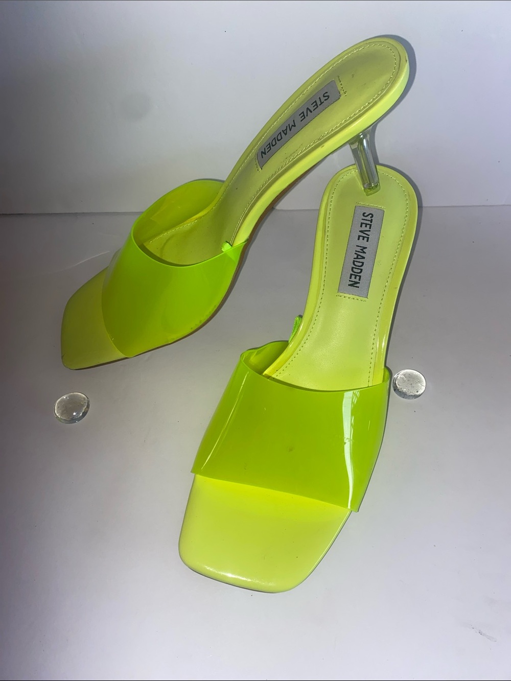 Steve Madden Neon Yellow Summer Slip-On Sandals with Clear Heel